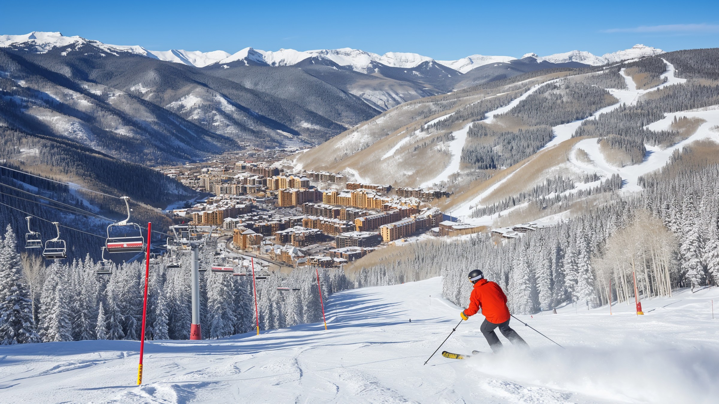 a man riding skis down a snow covered mountain